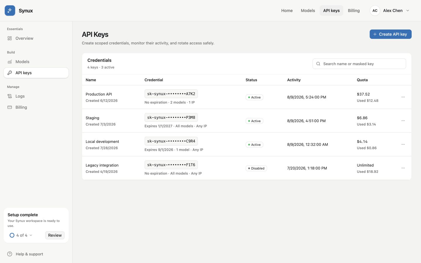 Jectora API Keys page showing scoped production, staging, and development credentials