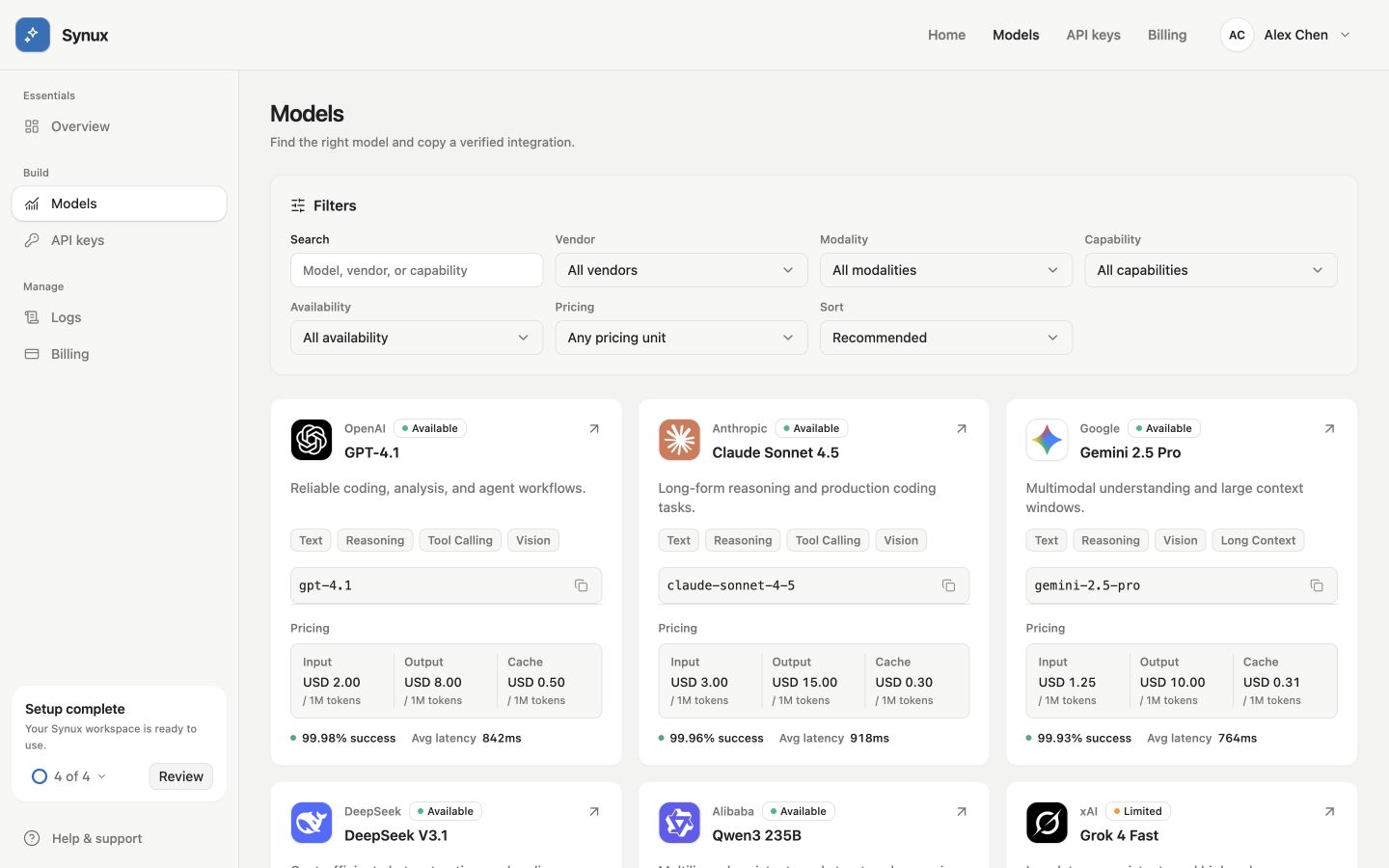 Jectora model catalog showing model filters, availability, pricing, and health